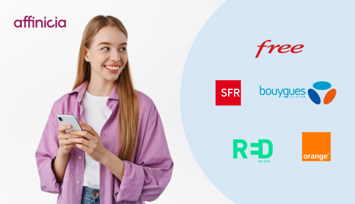 Jeune étudiant en train de téléphoner + logo de partenaire Bouygues, SFR, Free, Red by SFR, Orange